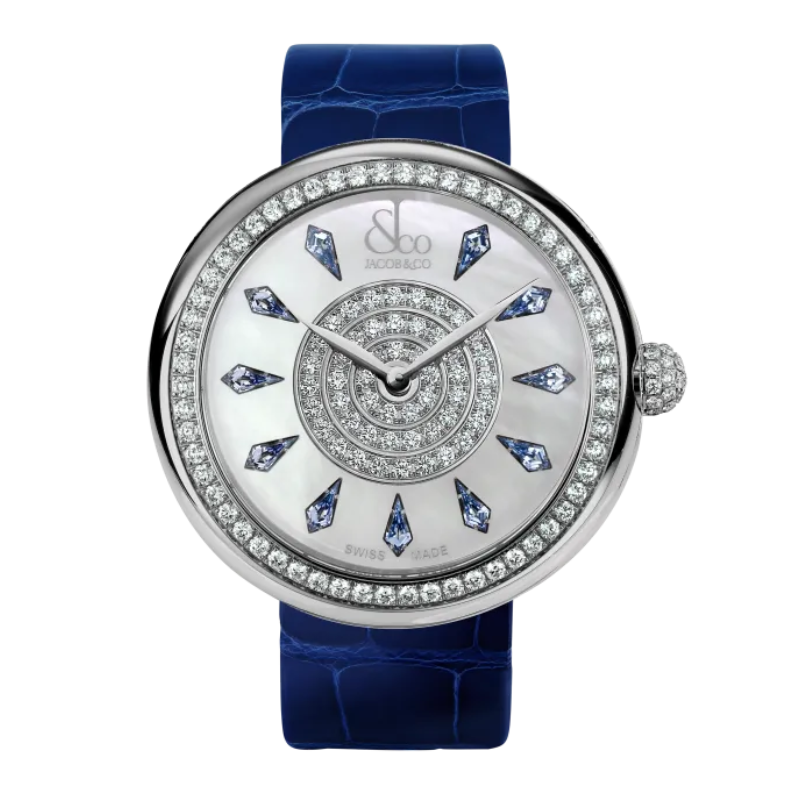 BRILLIANT ONE ROW BLUE SAPPHIRES 38 MM STAINLESS STEEL WITH MOTHER OF PEARL DIAL