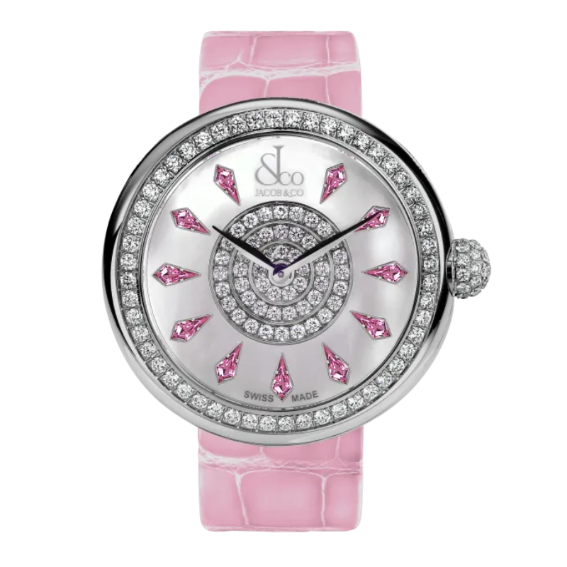 BRILLIANT ONE ROW PINK SAPPHIRES 38 MM 18K STAINLESS STEEL WITH MOTHER OF PEARL DIAL