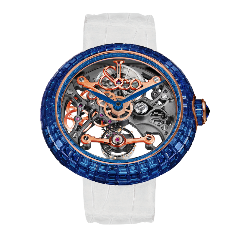 BRILLIANT SKELETON BAGUETTE BLUE SAPPHIRES 44 MM 18K ROSE GOLD WITH OPENWORKED DIAL
