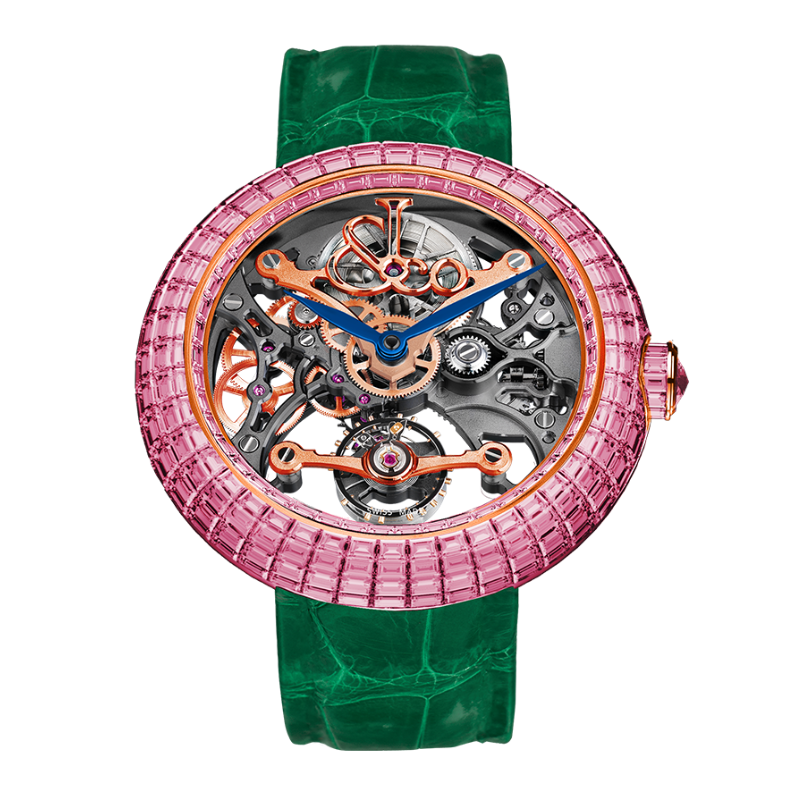 BRILLIANT SKELETON BAGUETTE PINK SAPPHIRES 44 MM 18K ROSE GOLD WITH OPENWORKED DIAL