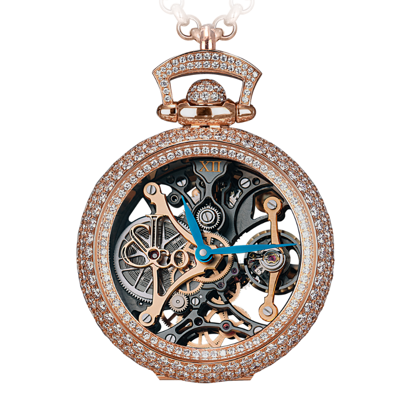 BRILLIANT WATCH PENDANT NORTHERN LIGHTS PAVE MINERAL CRYSTAL 42 MM 18K ROSE GOLD WITH OPENWORKED DIAL