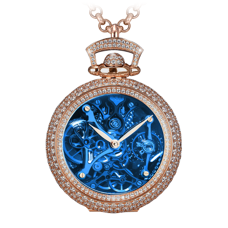 BRILLIANT WATCH PENDANT NORTHERN LIGHTS PAVE BLUE MINERAL CRYSTAL 42 MM 18K ROSE GOLD WITH OPENWORKED DIAL