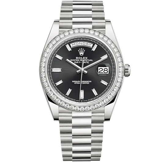 Rolex Day Date Ref. 228349RBR White Gold Black Dial with Baguette Markers/Diamond Bezel