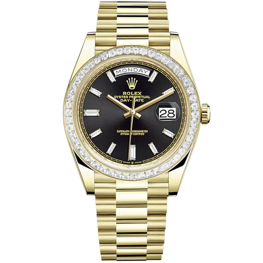 228398TBR Yellow Gold Onyx Dial Day Date Factory Set Bezel/Baguette Markers