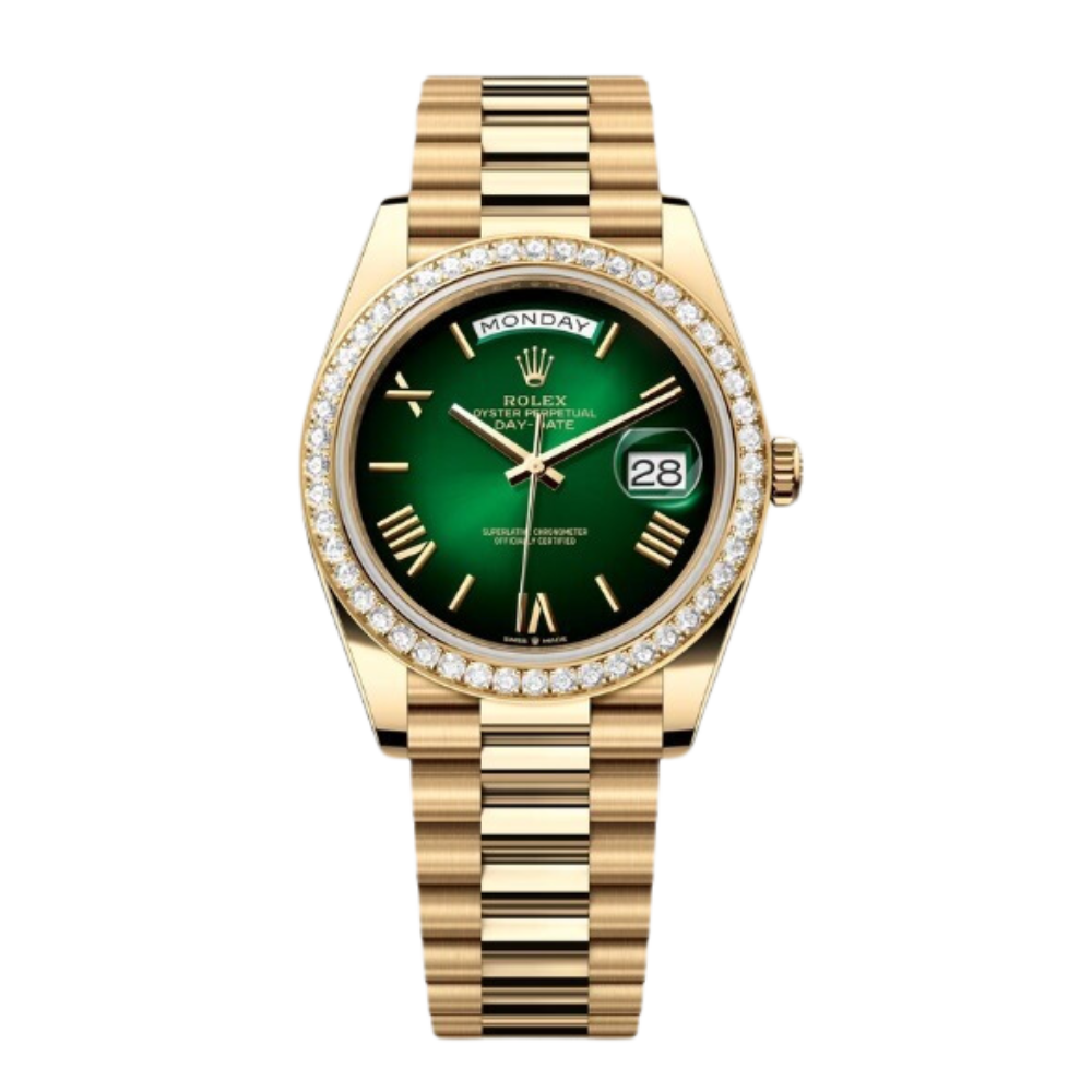 Rolex Day-Date Ref. 228348RBR 40MM Yellow Gold Case Ombré Green Dial Diamond Set Bezel