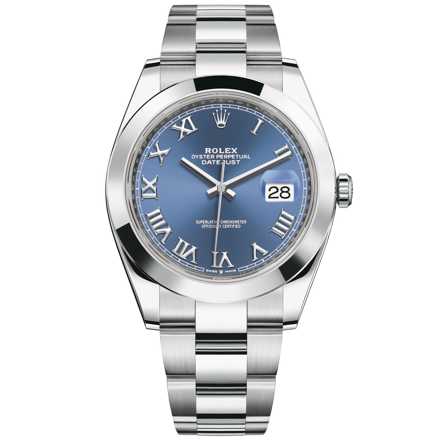 Rolex Datejust Ref. 126300 41MM Stainless Steel Blue Azzurro Roman Dial Smooth Bezel on Oyster