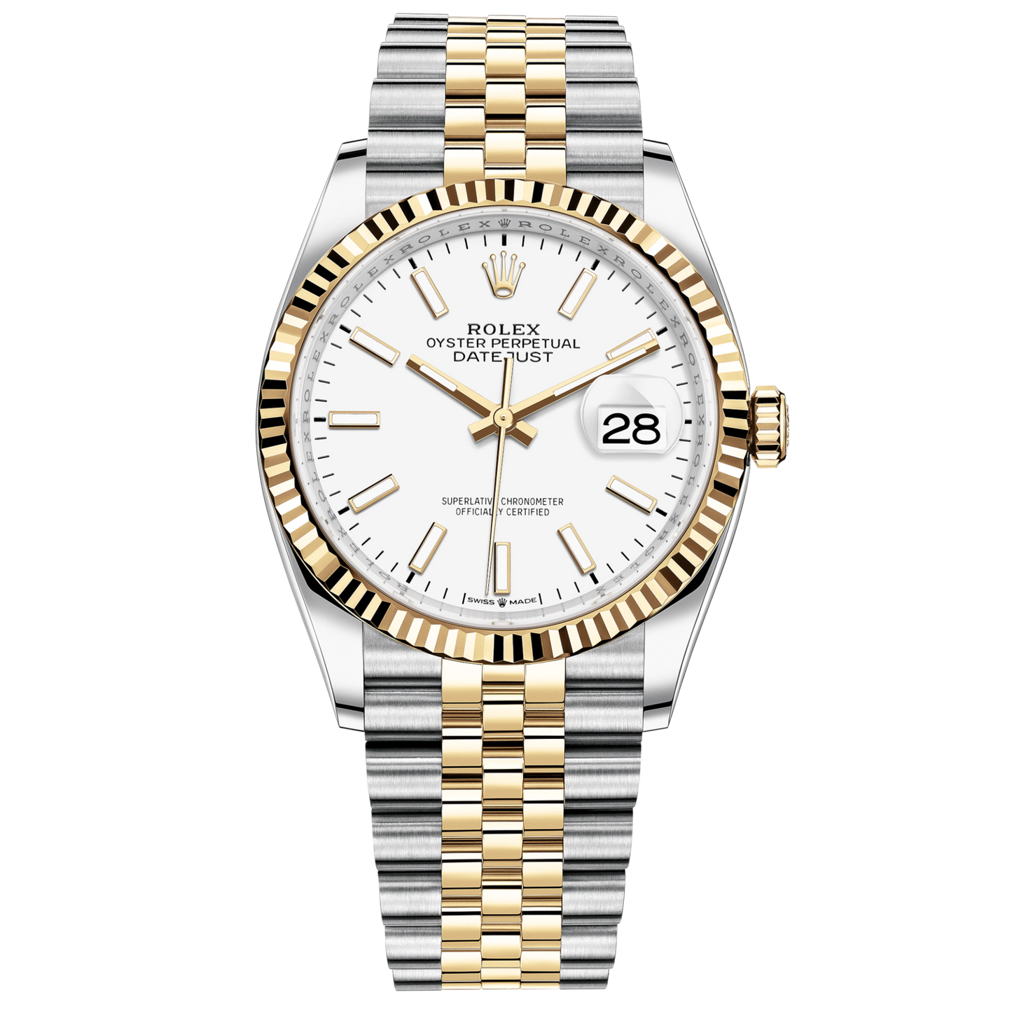 Rolex Datejust Ref. 126233 36MM YG/SS Two Tone White Stick Dial on Jubilee/Fluted Bezel