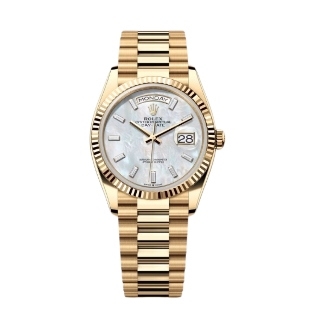 Rolex Day-Date Ref. 128238 36MM Yellow Gold Case Mother of Pearl Dial Baguette Diamonds