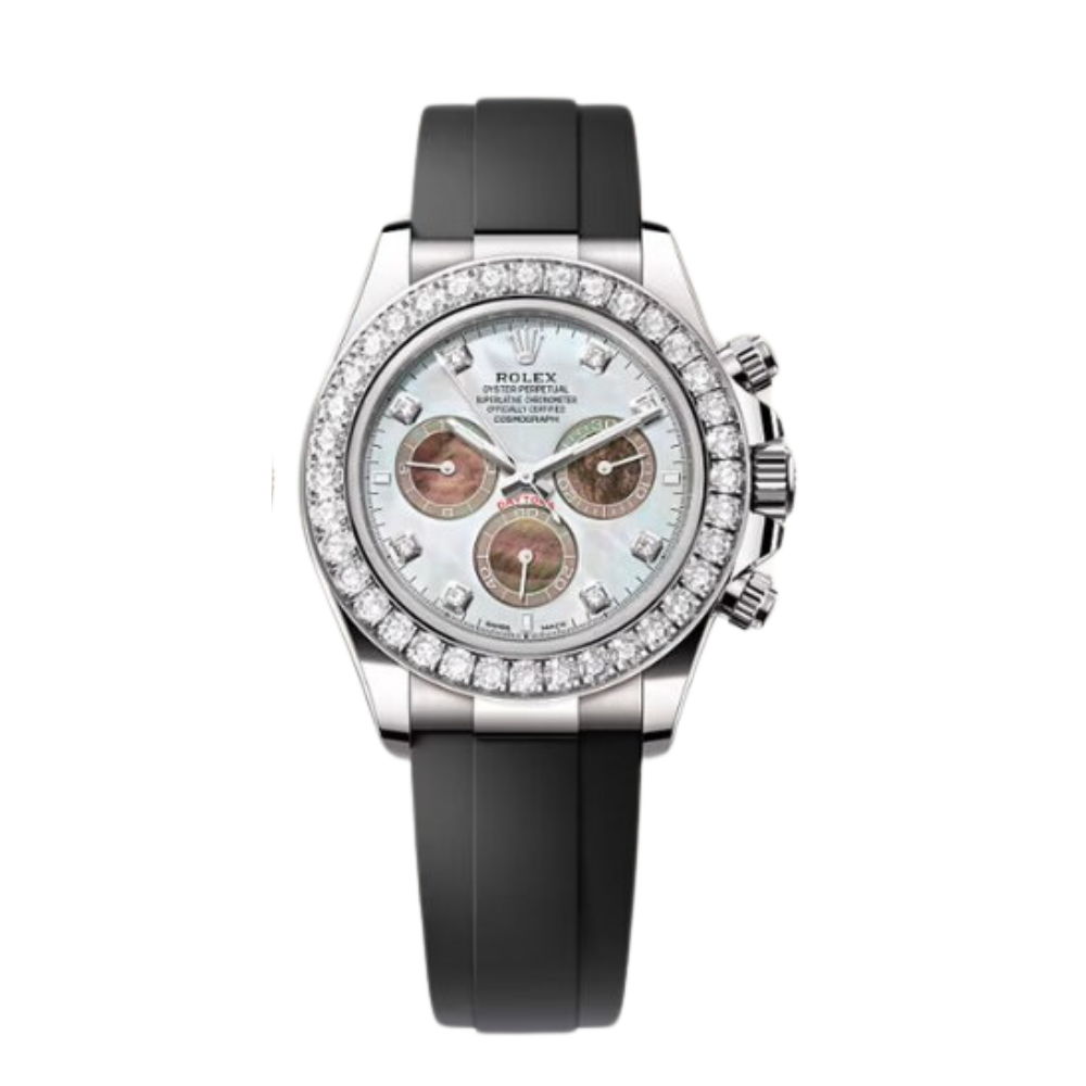 Rolex Daytona Ref. 126589RBR White Gold Case White Mother of Pearl Dial with Diamonds and Diamond-Set Bezel in Oysterflex