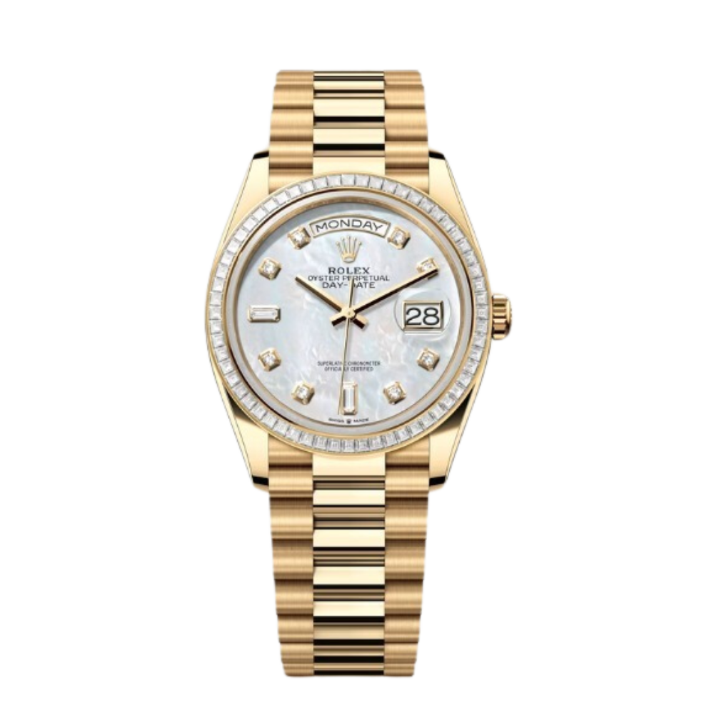 Rolex Day-Date Ref. 128398TBR 36MM Yellow Gold Case Mother of Pearl Dial Diamond Set Bezel