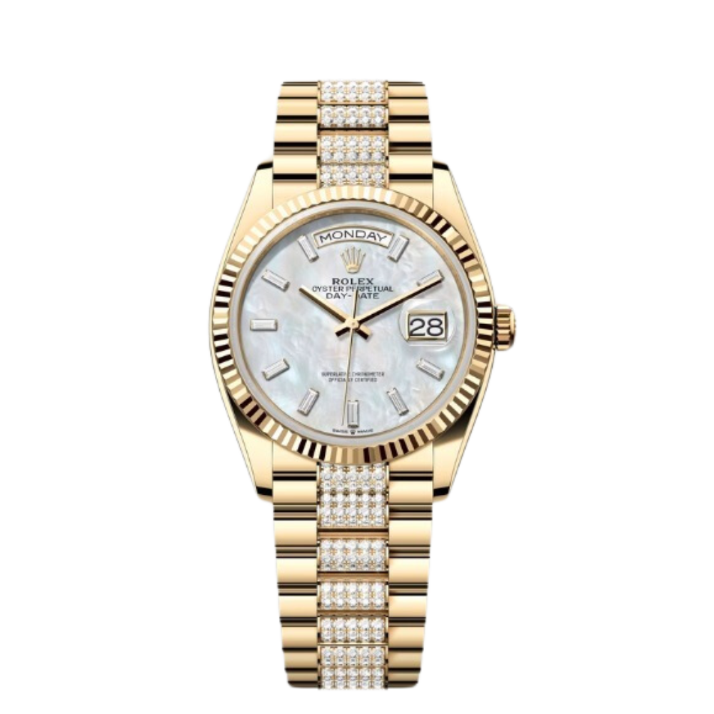 Rolex Day-Date Ref. 128238 36MM Yellow Gold Case Mother of Pearl Dial with Baguette Diamond Set and Links