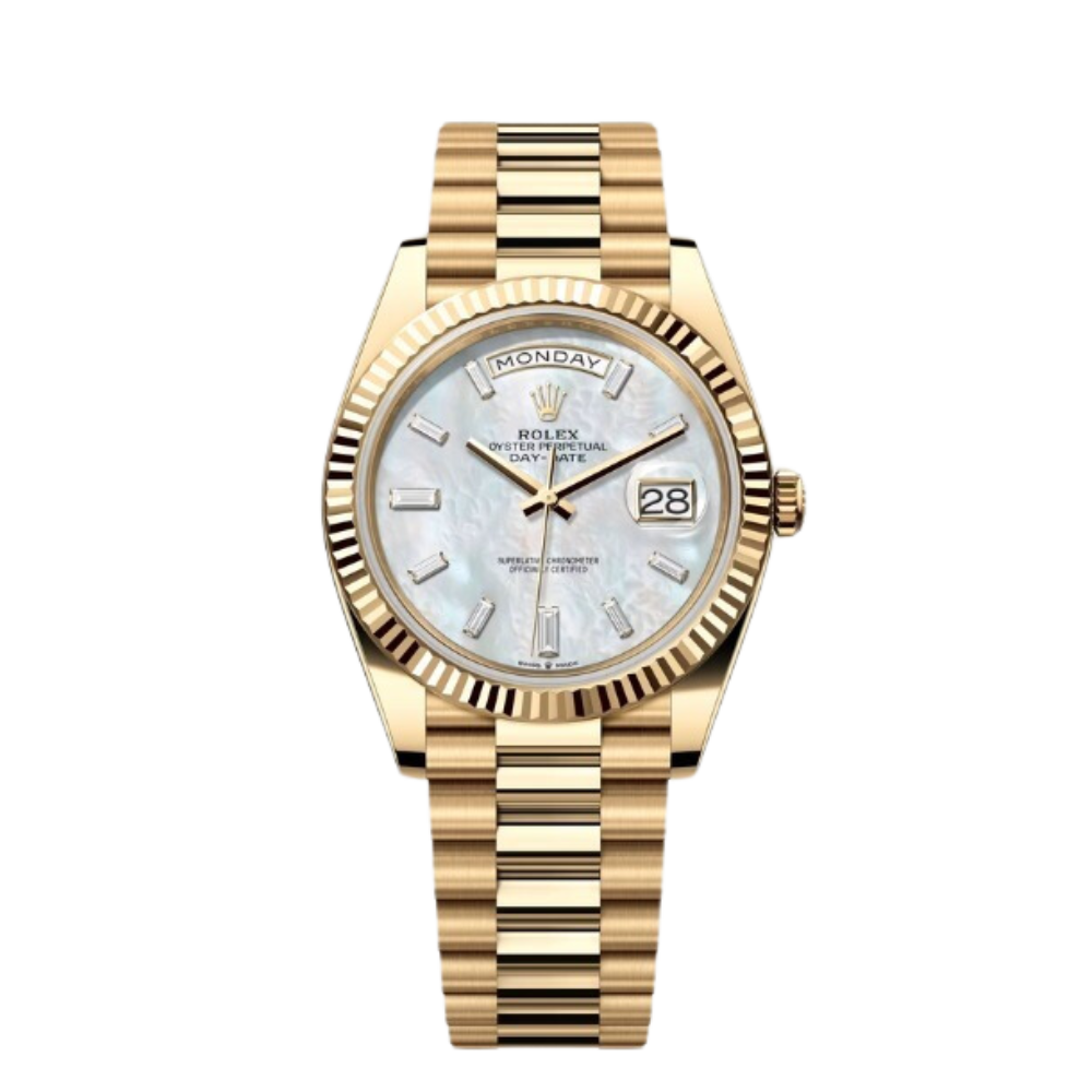 Rolex Day-Date Ref. 228238 40MM Yellow Gold Case Mother of Pearl Dial Baguette Diamonds