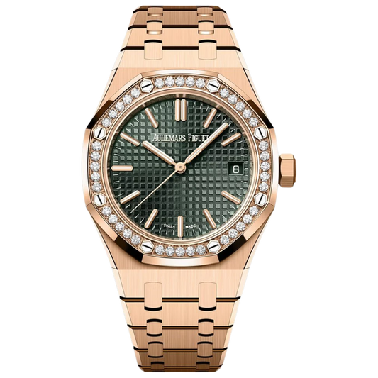 Audemars Piguet Ref. 15551OR.ZZ.1356OR.06 37MM Rose Gold Royal Oak Green Dial with Diamond Bezel