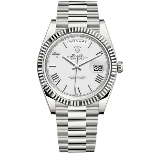 228239 White Gold Day Date White Roman Dial