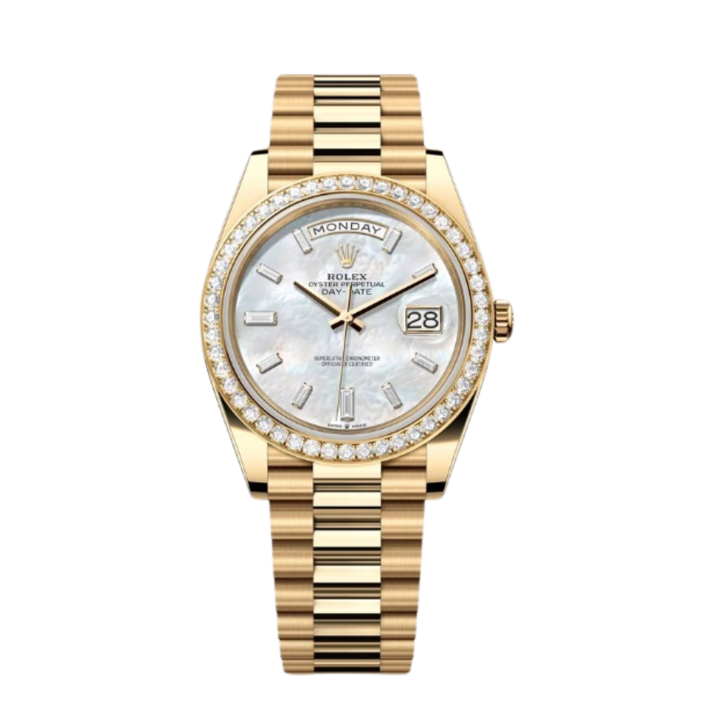 Rolex Day-Date Ref. 228348TRB 40MM Yellow Gold Case Mother of Pearl Dial with Baguette Diamonds and Diamond Set Bezel