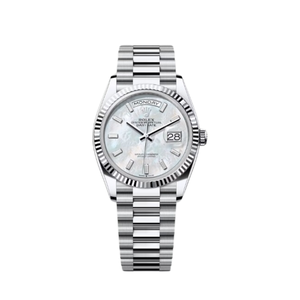 Rolex Day-Date Ref. 128236 36MM Platinum Case Mother of Pearl Dial with Baguette Diamonds