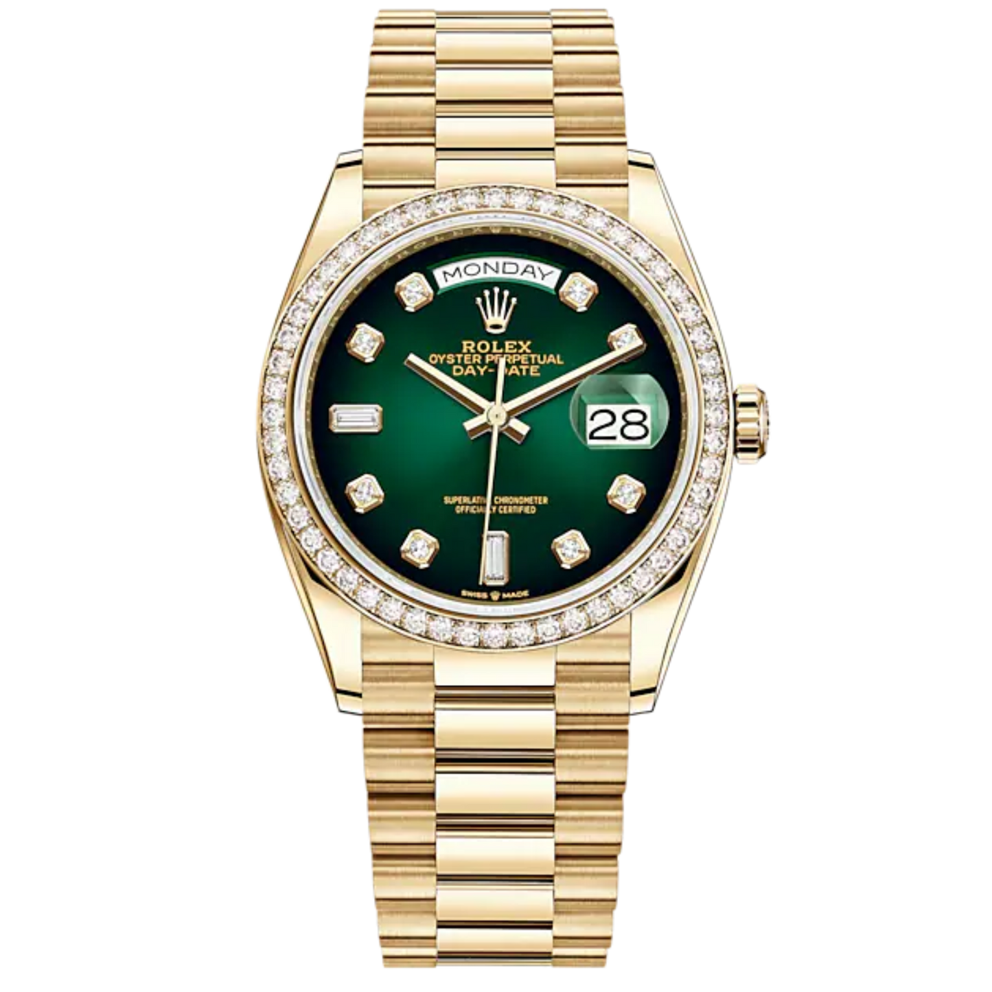 Rolex Day Date Ref. 128348RBR 36MM Yellow Gold Ombre Green Dial with Diamond Bezel/Markers