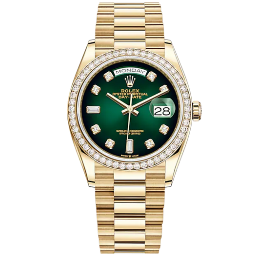 Rolex Day Date Ref. 128348RBR 36MM Yellow Gold Ombre Green Dial with Diamond Bezel/Markers