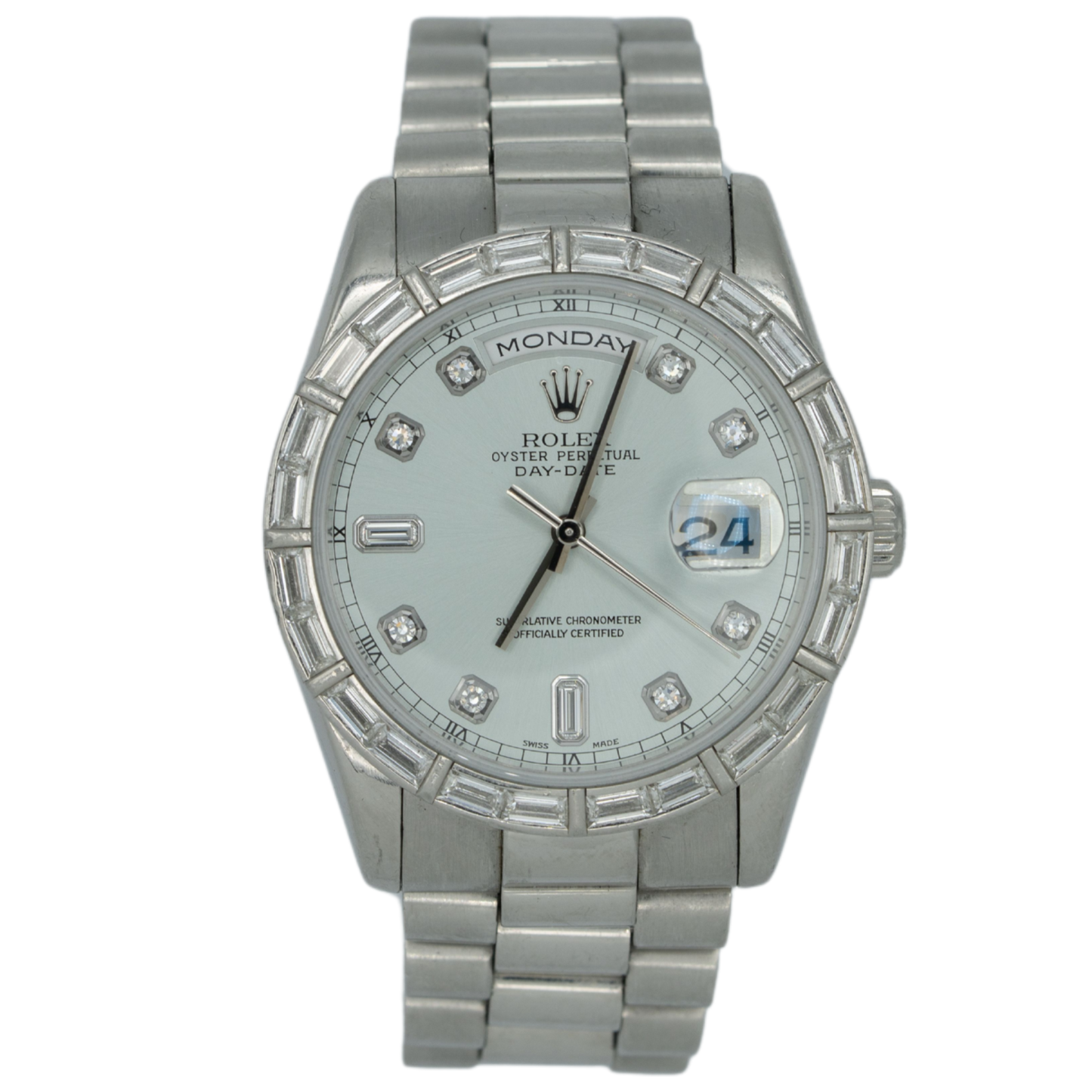 Rolex Day Date Ref. 118366 Platinum Silver Dial with Baguette Bezel/Markers