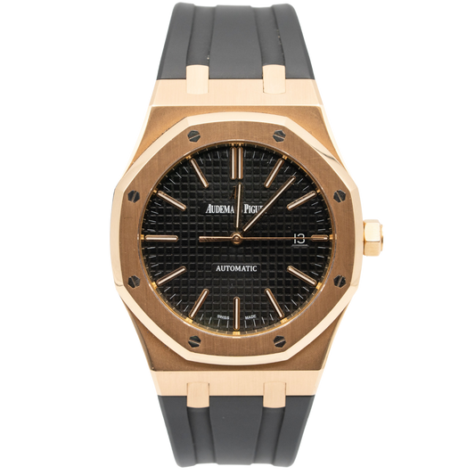 Audemars Piguet Royal Oak Ref. 15400OR.OO.D002CR.01 41MM Rose Gold Black Dial On Black Rubber Strap