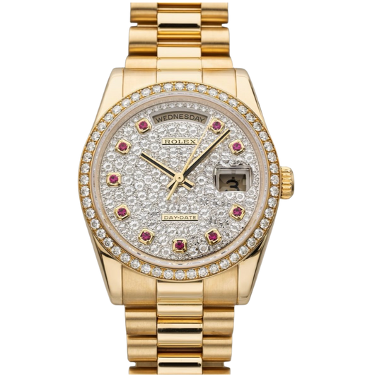 Rolex Day Date Ref. 118348RBR Yellow Gold Pave Dial Ruby Markers