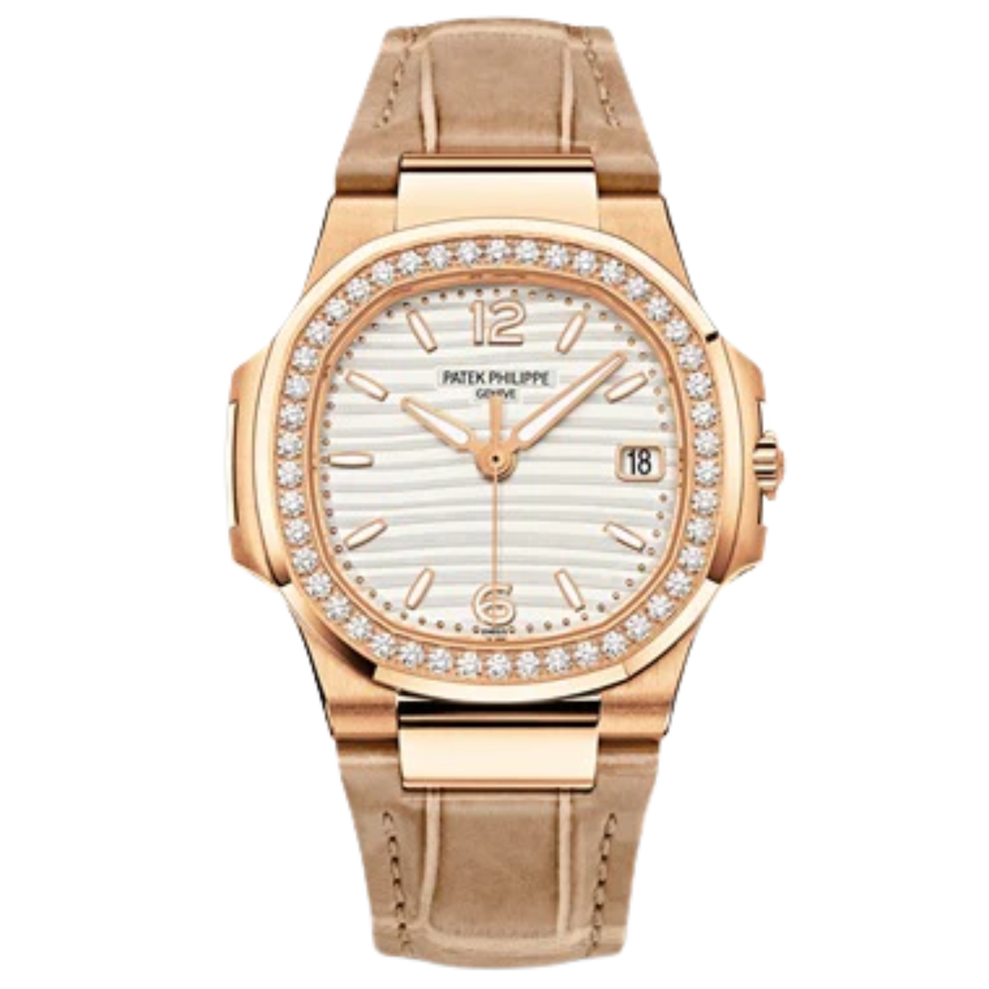 7010R Nautilus Beige Shiny Alligator Strap White Gold Embossed Dial Rose Gold Octagonal Diamond Bezel