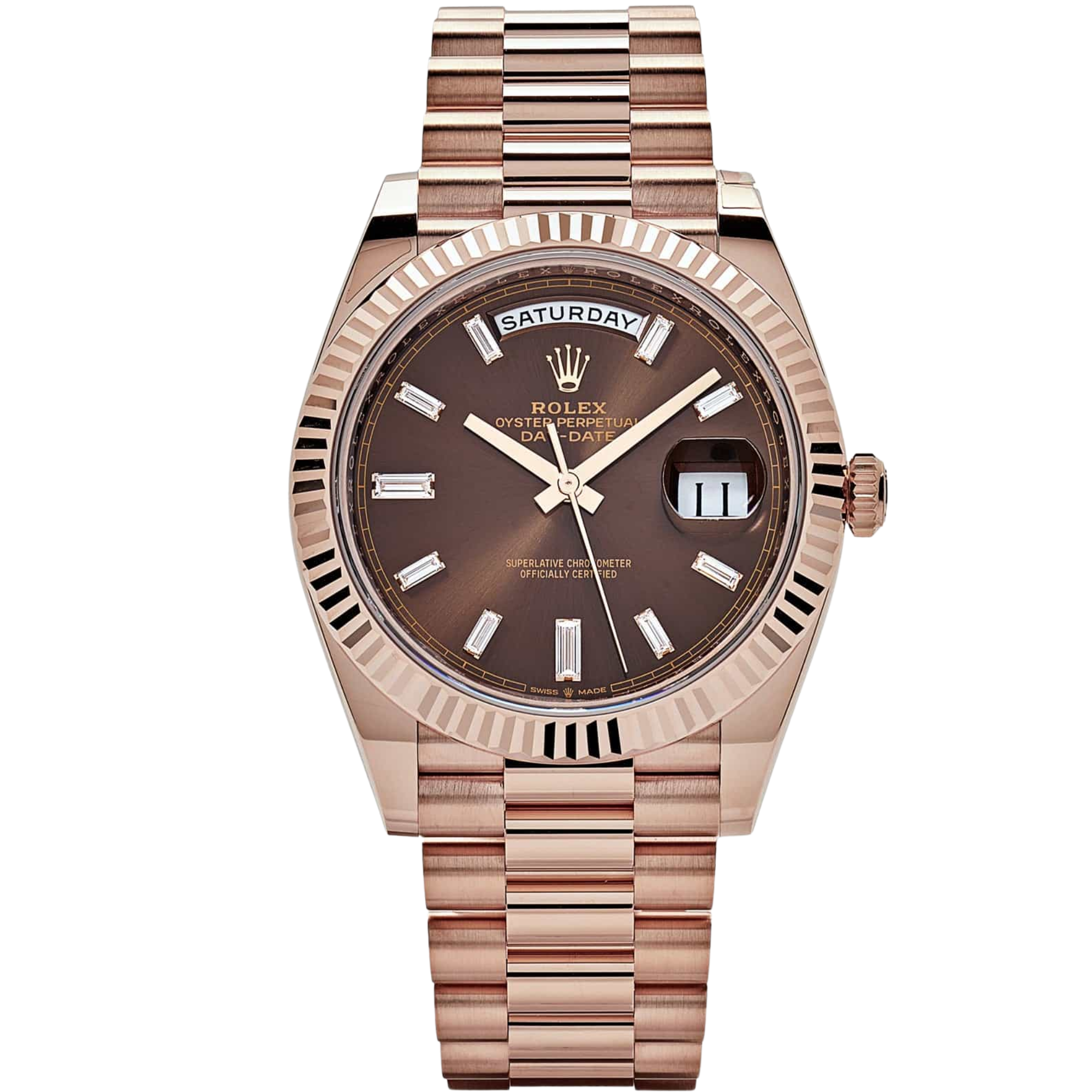Rolex Day Date Ref. 28235A Rose Gold Chocolate Dial Baguette Markers