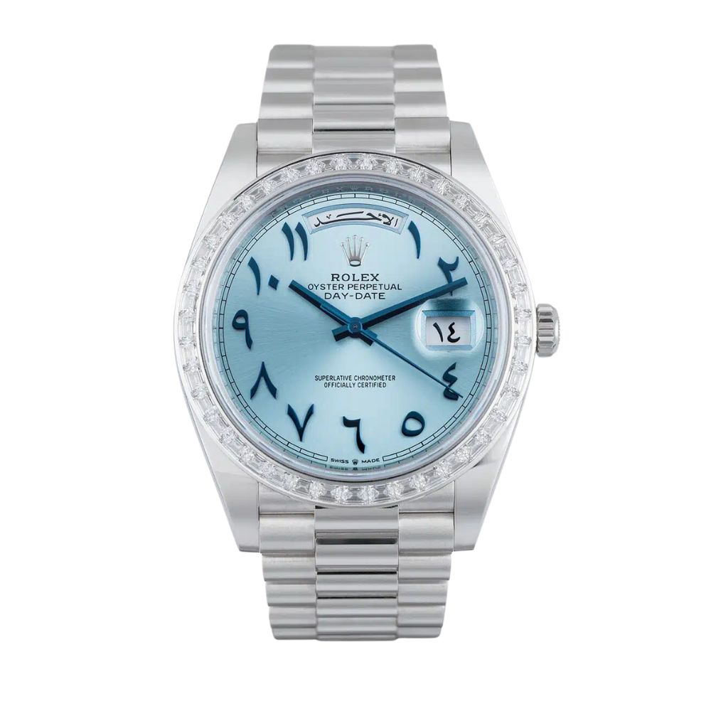 Rolex Day Date Ref. 228396TBR Platinum Baguette Bezel Blue Arabic Dial