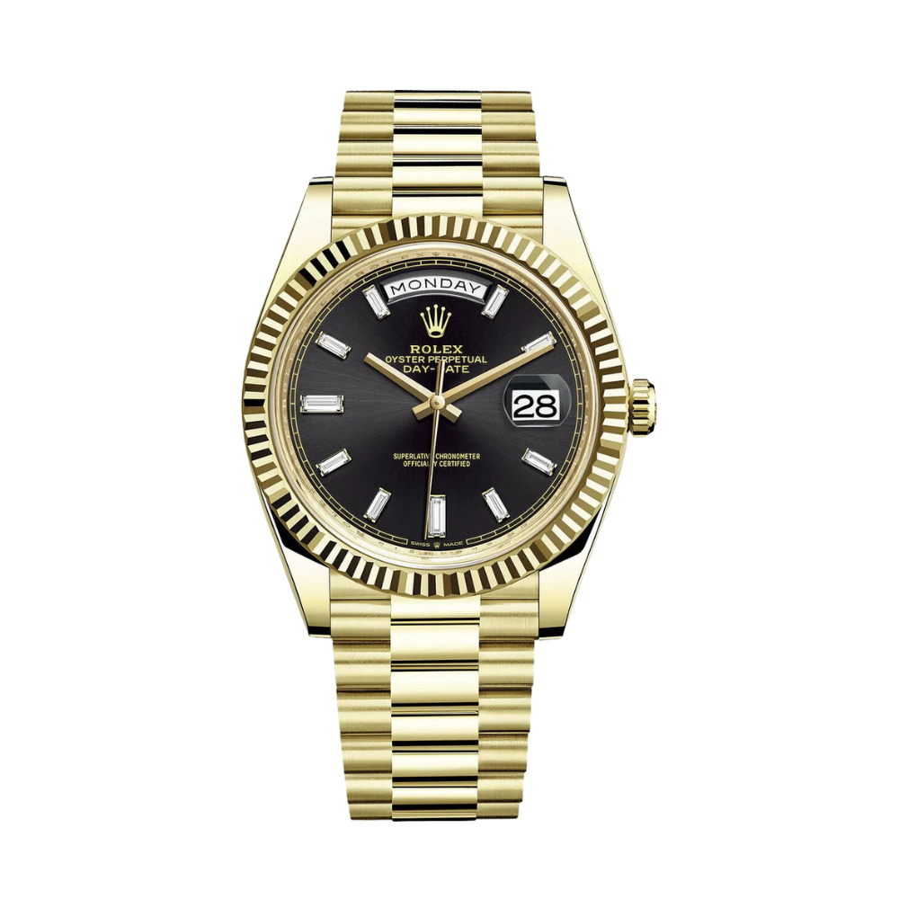 Rolex Day Date Ref. 228238A 40MM Yellow Gold Black Dial with Baguette Markers