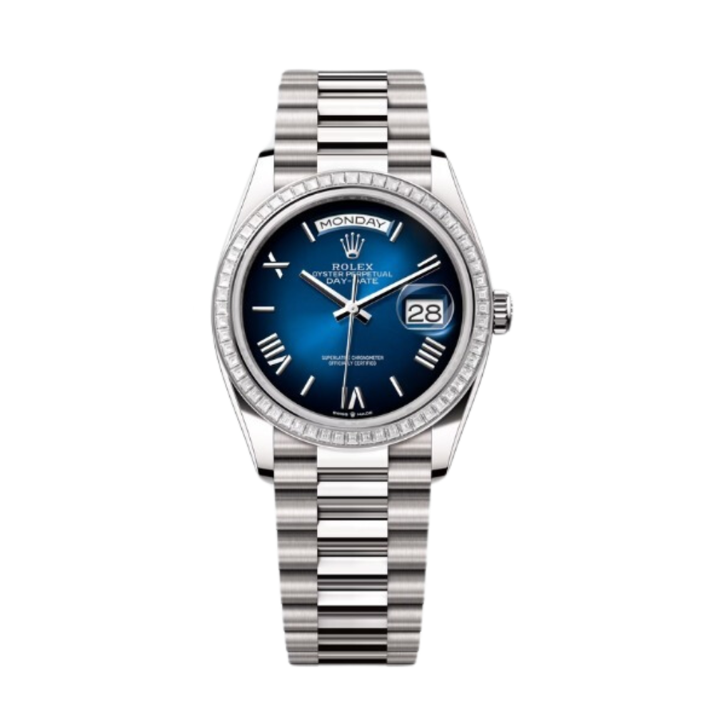 Rolex Day-Date Ref. 128399TRB 36MM White Gold Case Ombré Blue Dial Diamond Set Bezel