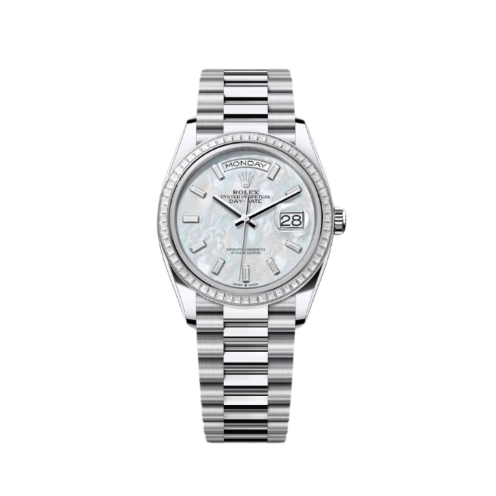 Rolex Day-Date Ref. 128396TBR 36MM Platinum Case Mother of Pearl Dial with Baguette Diamonds and Diamond Bezel