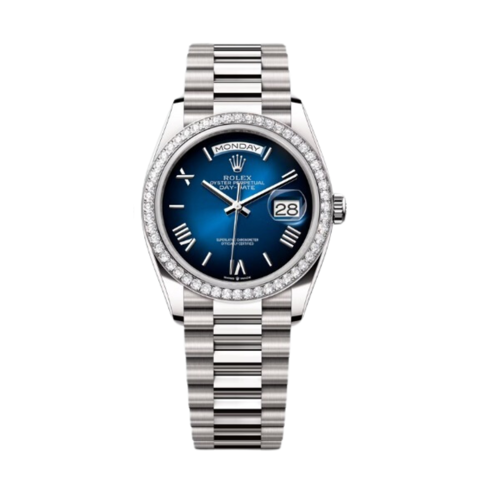 Rolex Day-Date Ref. 128349RBR 36MM White Gold Case Ombré Blue Dial Diamond Set Bezel (Copy)