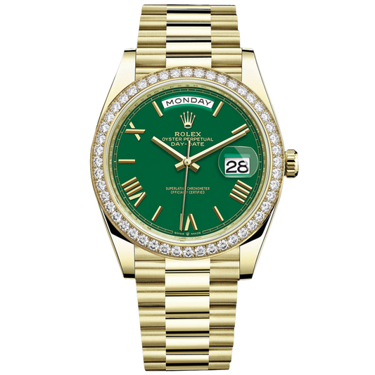 Rolex Day Date Ref. 228348RBR Green Roman Marker Dial Diamond Bezel