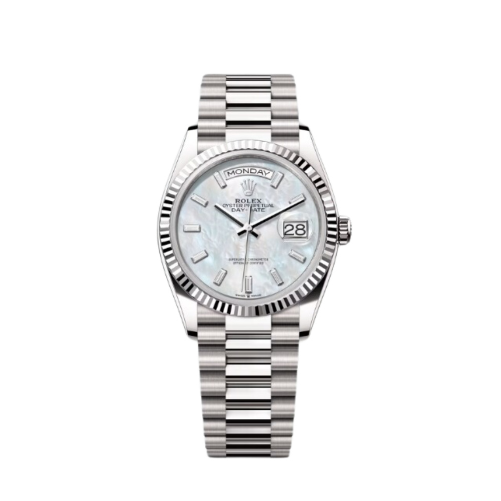 Rolex Day-Date Ref. 128239 36MM White Gold Case Mother of Pearl Dial with Baguette Diamonds