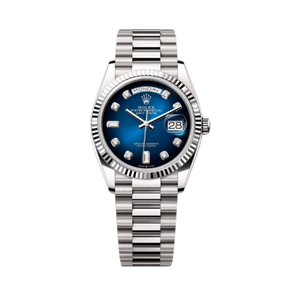 Rolex Day-Date Ref. 128239 36MM White Gold Case Ombré Blue Dial Diamond Markers