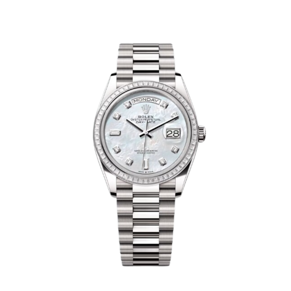 Rolex Day-Date Ref. 128399TBR 36MM White Gold Case Mother of Pearl Dial with Diamonds and Diamond Set Bezel