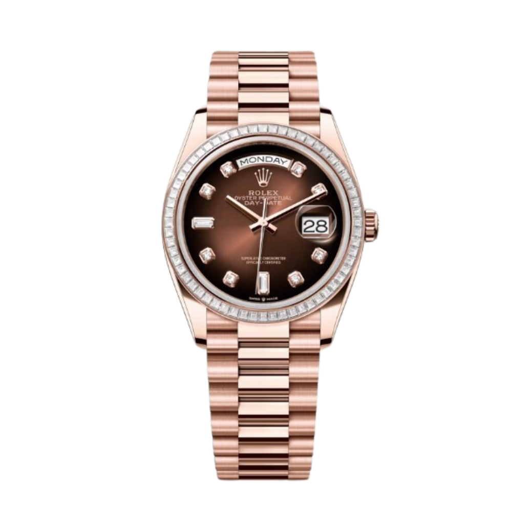 Rolex Day-Date Ref. 128395TBR 36MM Everose Gold Ombré Brown Dial Diamond Bezel and Markers