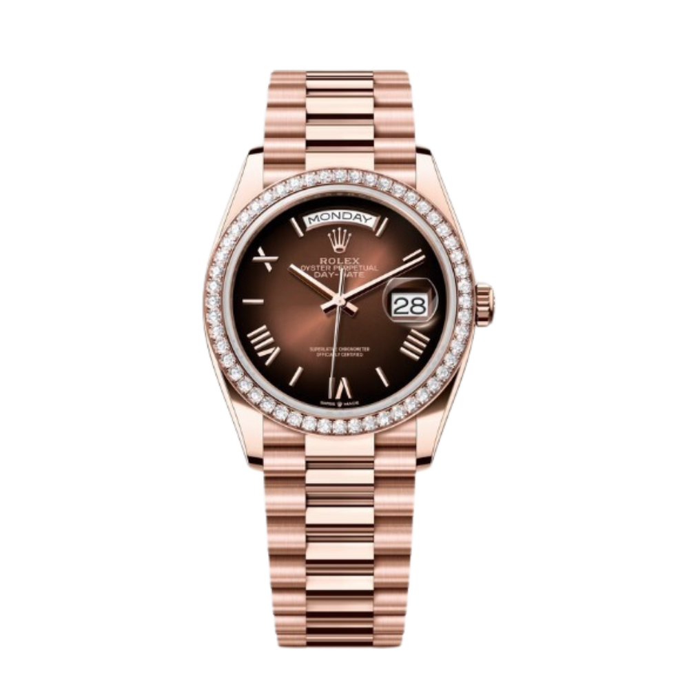 Rolex Day-Date Ref. 128345RBR 36MM Everose Gold Ombré Brown Dial Diamond Set Bezel