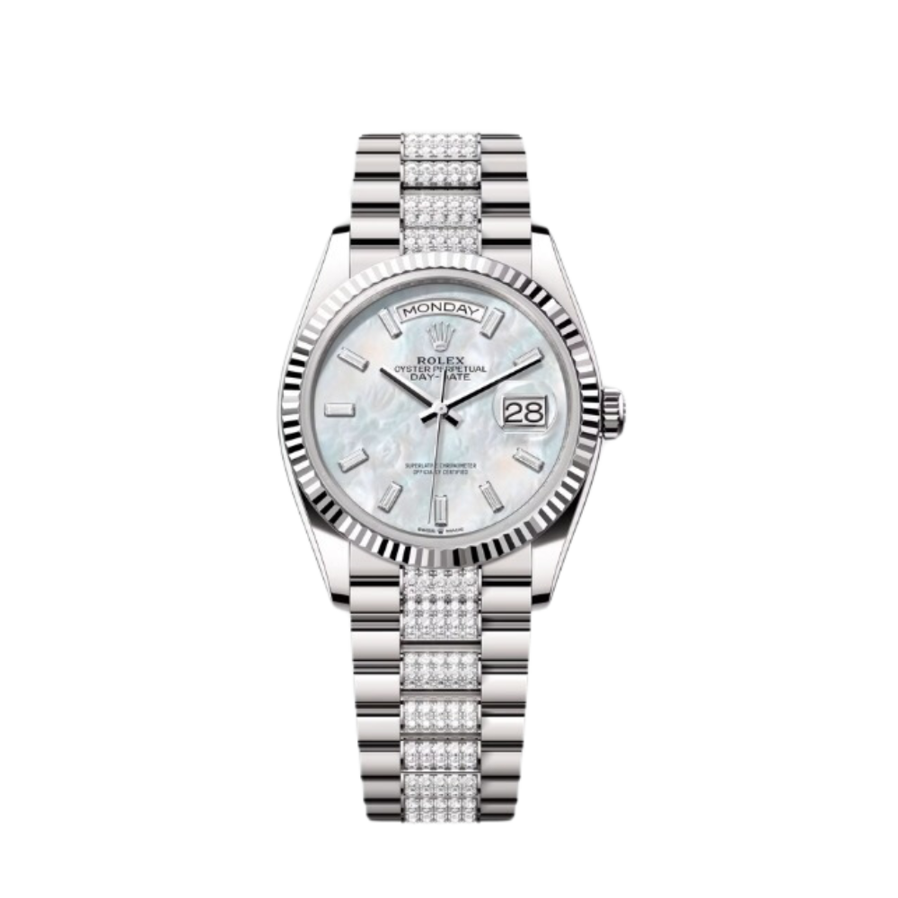 Rolex Day-Date Ref. 128239 36MM White Gold Case Mother of Pearl Dial with Baguette Diamonds and Diamond Set Links