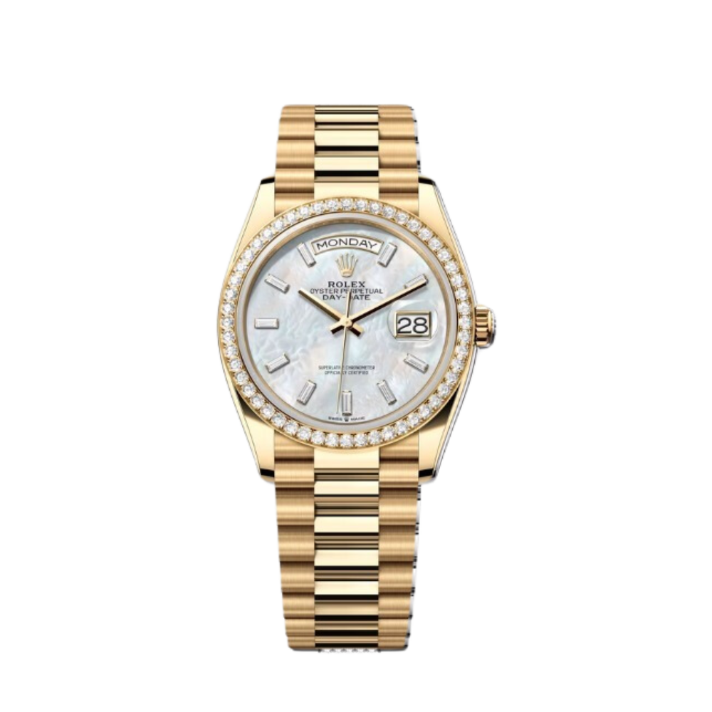 Rolex Day-Date Ref. 128348RBR 36MM Yellow Gold Case Mother of Pearl Dial with Baguette Diamonds and Diamond Set Bezel