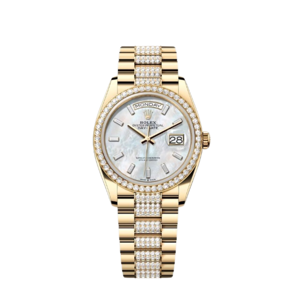 Rolex Day-Date Ref. 128348RBR 36MM Yellow Gold Case Mother of Pearl Dial with Diamonds and Diamond Set Bezel and Links