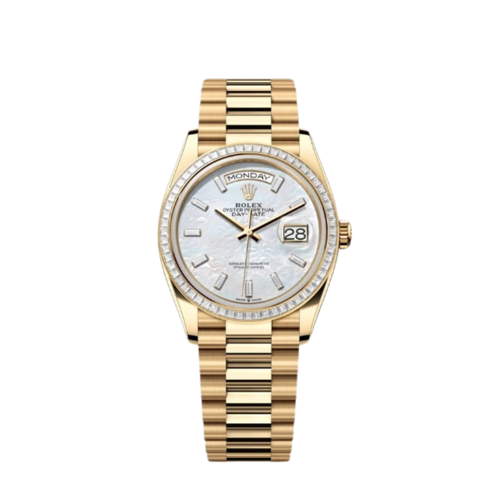 Rolex Day-Date Ref. 128398TBR 36MM Yellow Gold Case Mother of Pearl Dial with Baguette Diamonds and Diamond Set Bezel