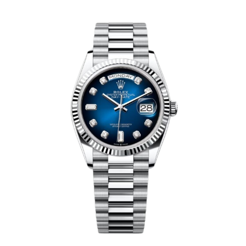 Rolex Day-Date Ref. 128236 36MM Platinum Ombré Blue Dial Diamond Markers