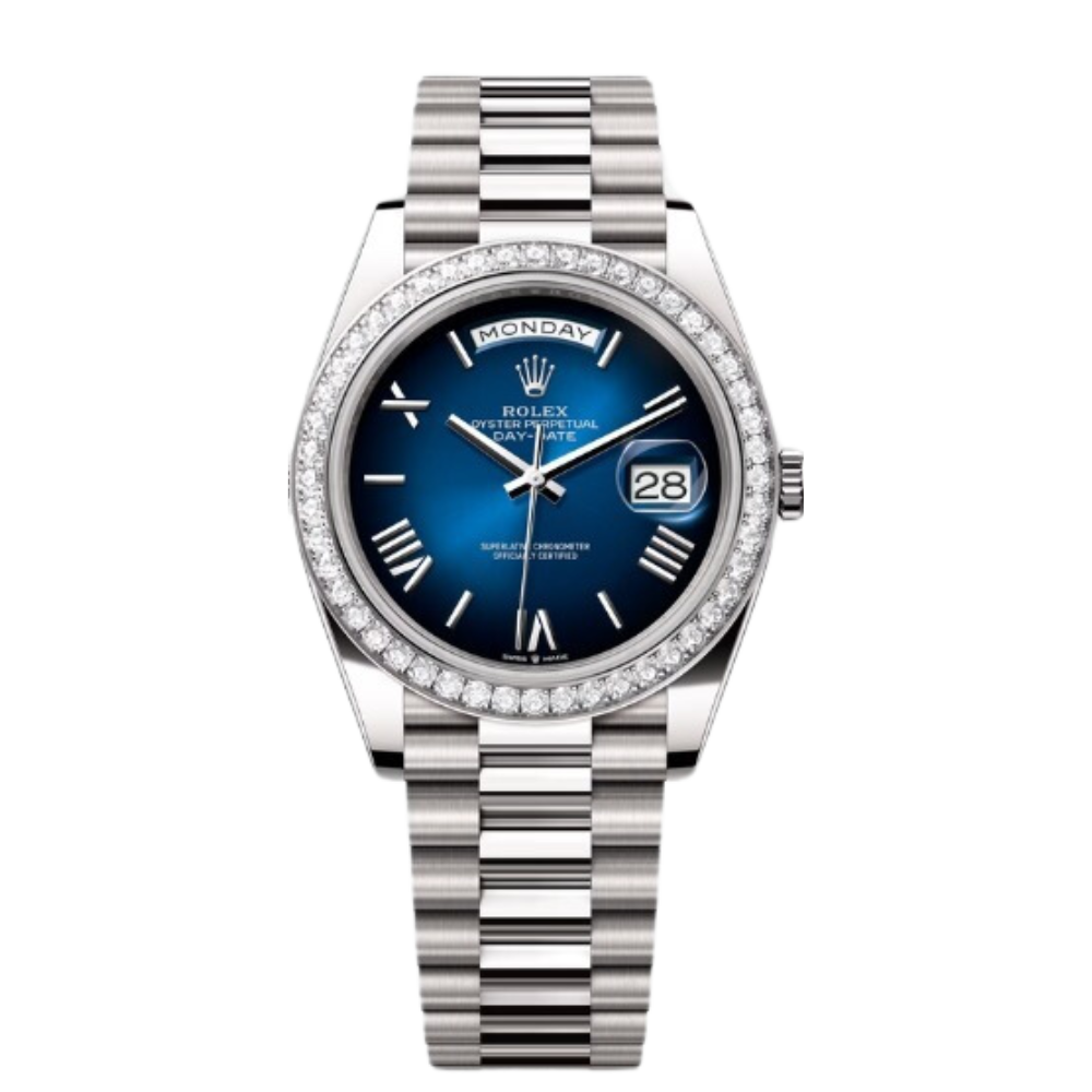 Rolex Day-Date Ref. 228249RRB 40MM White Gold Case Ombré Blue Dial Diamond Set Bezel