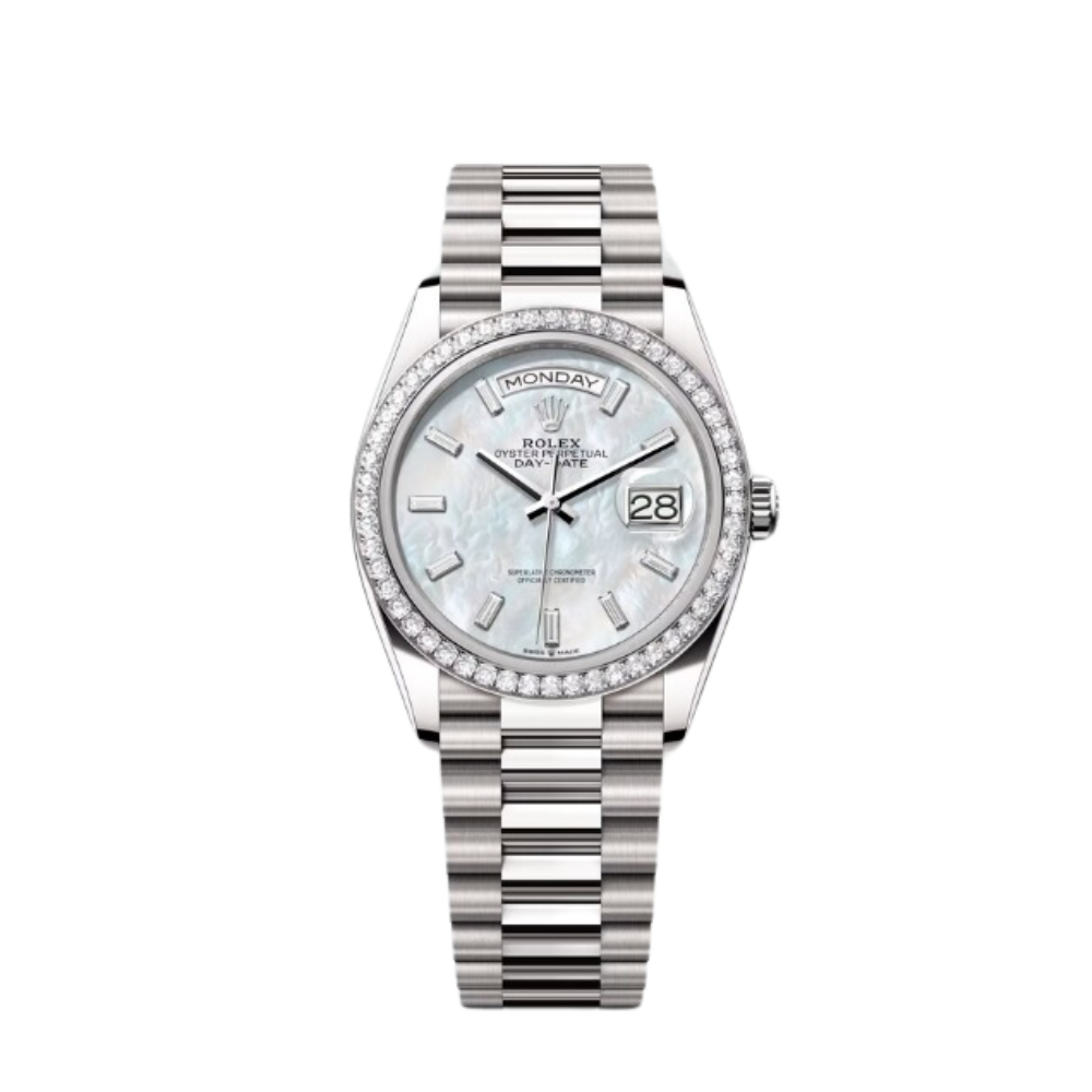 Rolex Day-Date Ref. 128349RBR 36MM White Gold Case Mother of Pearl Dial with Baguette Diamonds and Diamond Set Bezel