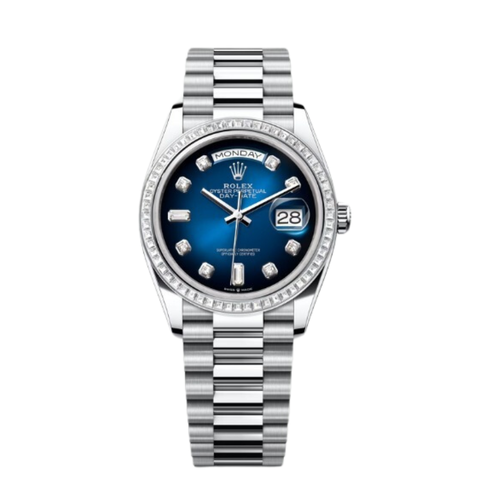 Rolex Day-Date Ref. 128396TBR 36MM Platinum Ombré Blue Dial Diamond Bezel and Markers