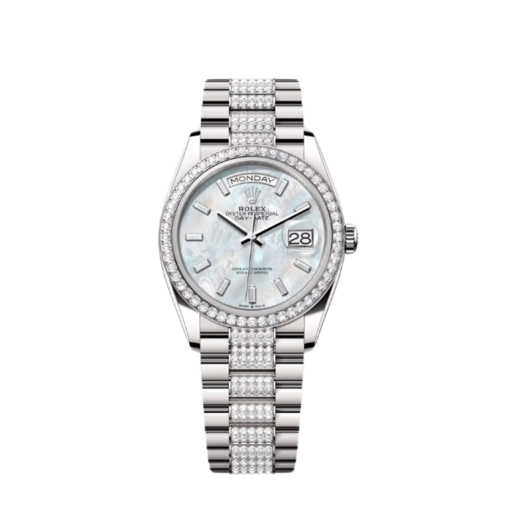 Rolex Day-Date Ref. 128349RBR 36MM White Gold Case Mother of Pearl Dial with Diamonds and Diamond Set Bezel and Links