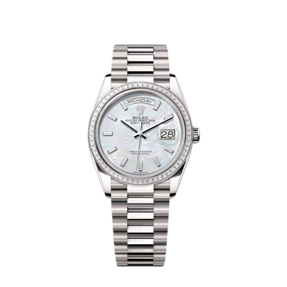 Rolex Day-Date Ref. 128399TBR 36MM White Gold Case Mother of Pearl Dial with Baguette Diamonds and Diamond Set Bezel