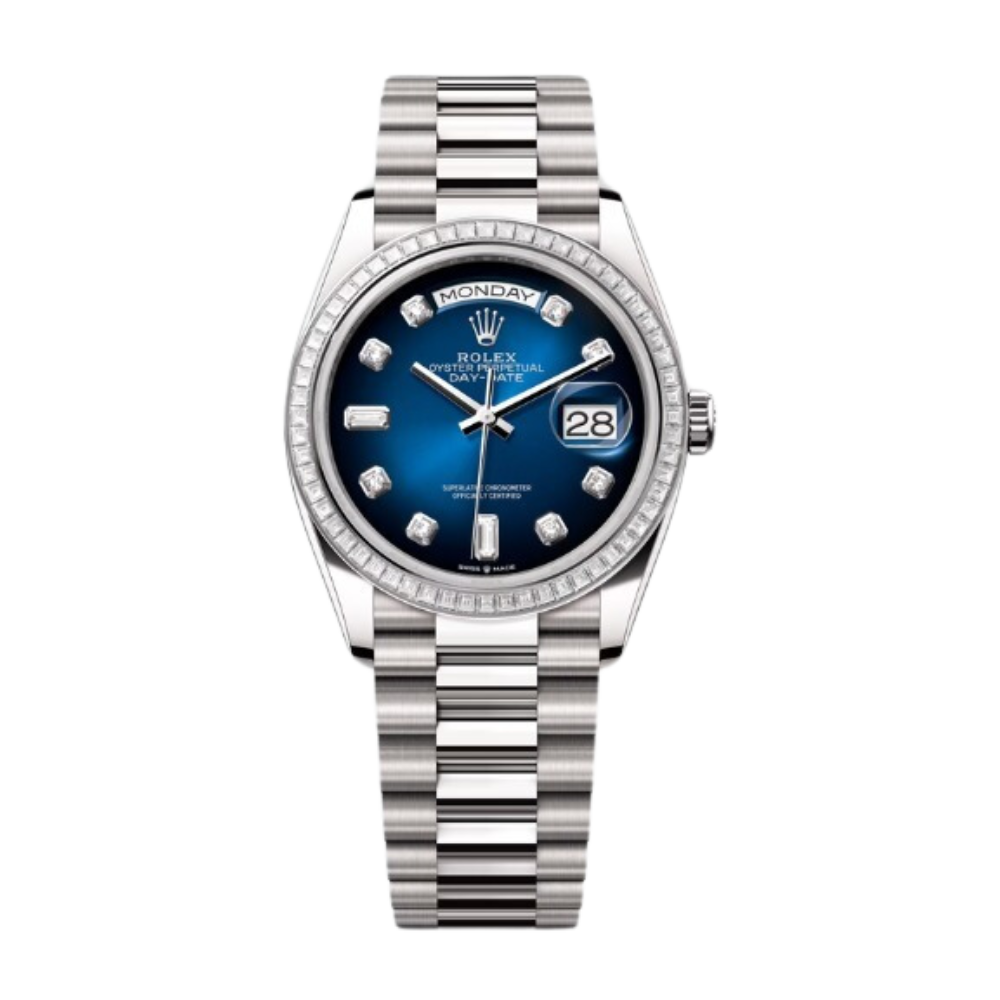 Rolex Day-Date Ref. 128399TBR 36MM White Gold Case Ombré Blue Dial Diamond Bezel and Markers