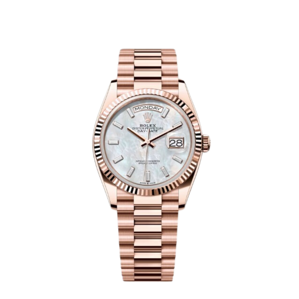 Rolex Day-Date Ref. 128235 36MM Everose Gold Case Mother of Pearl Dial with Baguette Diamonds